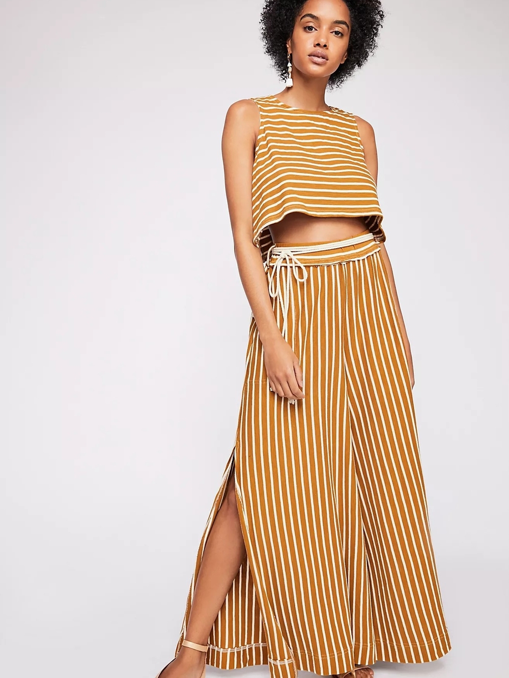 Free People Beach Sunnydaze Striped Pants & Crop Top Co-Ord Set Brown Small S